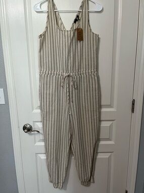 NWT DREW Cream Jumpsuit with Black Pinstripes